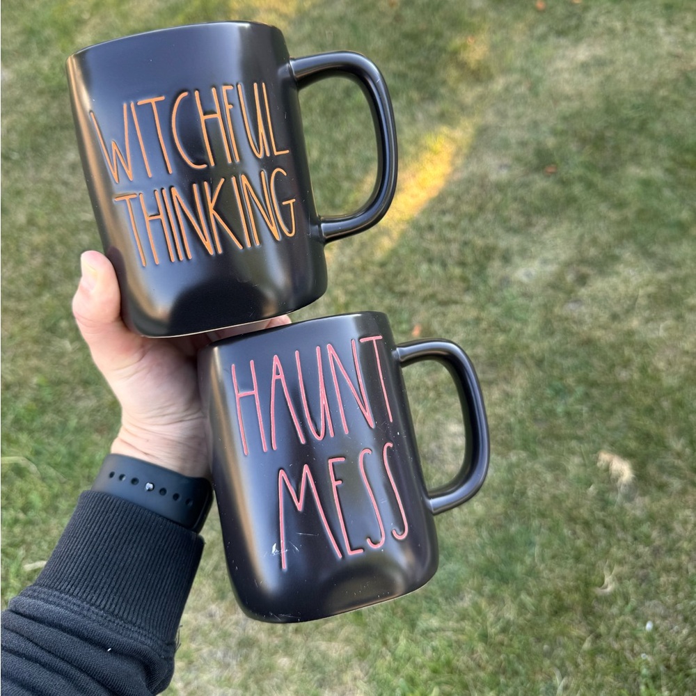 Rae Dunn WITCHFUL THINKING and HAUNT MESS Mug Set Matte Black Ceremic